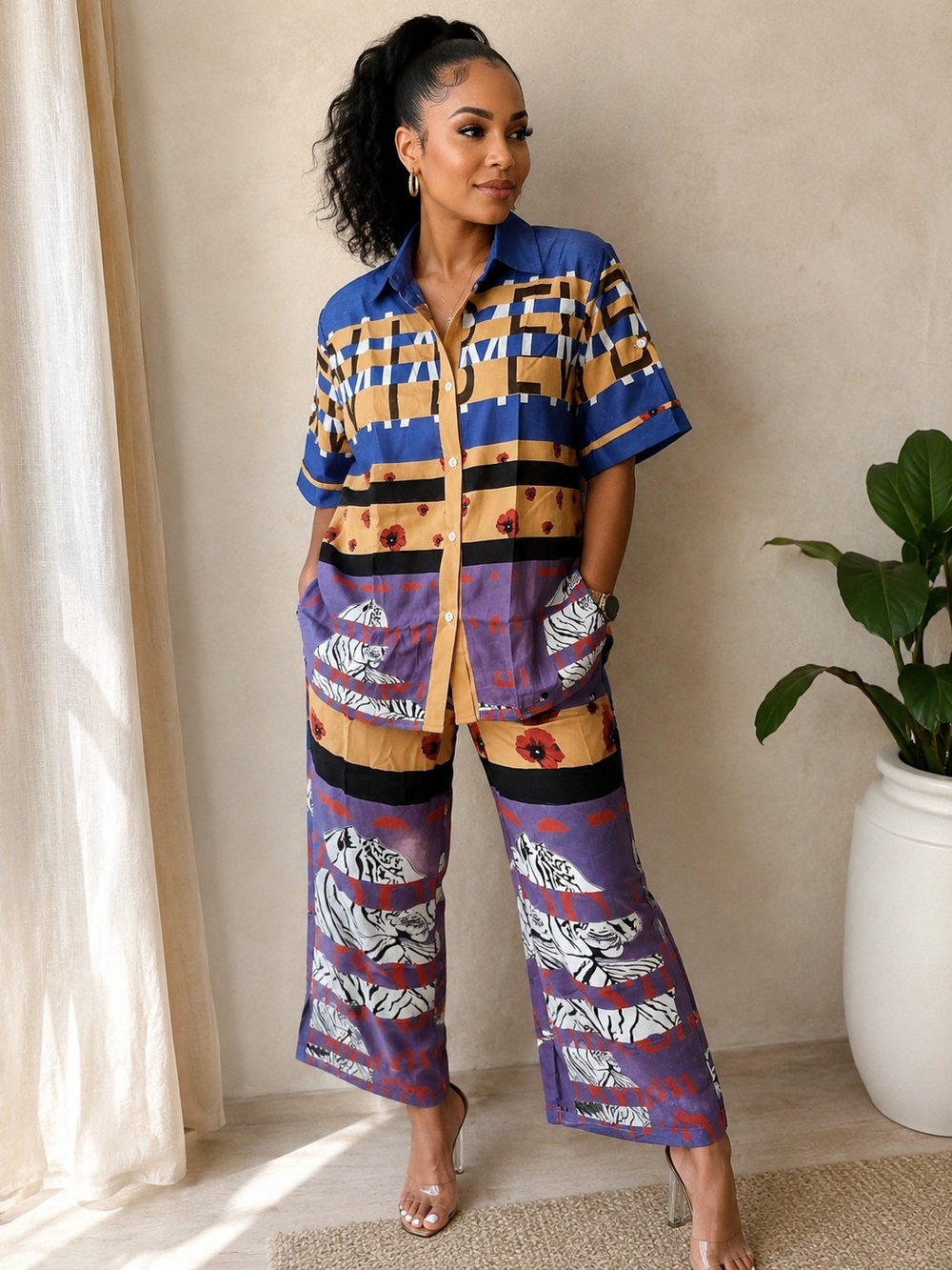 Women’s Colorblock Zebra Print Wide-Leg Jumpsuit Set - Blue/Tan/Purple